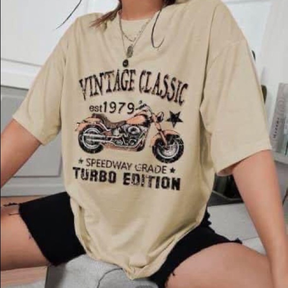 SHEIN Oversized Motorcycle Tshirt, Vintage Classic Moto Tee, Cream Color NWOT